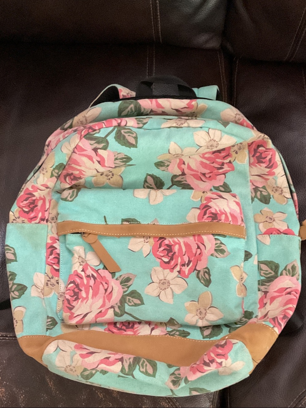 Source Unknown Mint Floral Canvas Backpack with Pink Roses